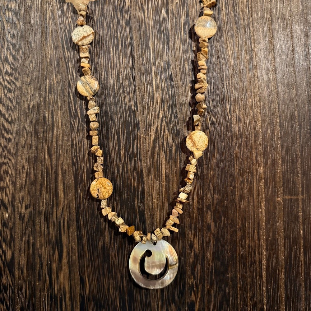 Jasper Stone Necklace Womens OS Brown Tan Shell Pendant Boho Bead
